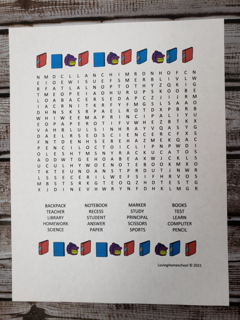 Back to School Word Search for older kids