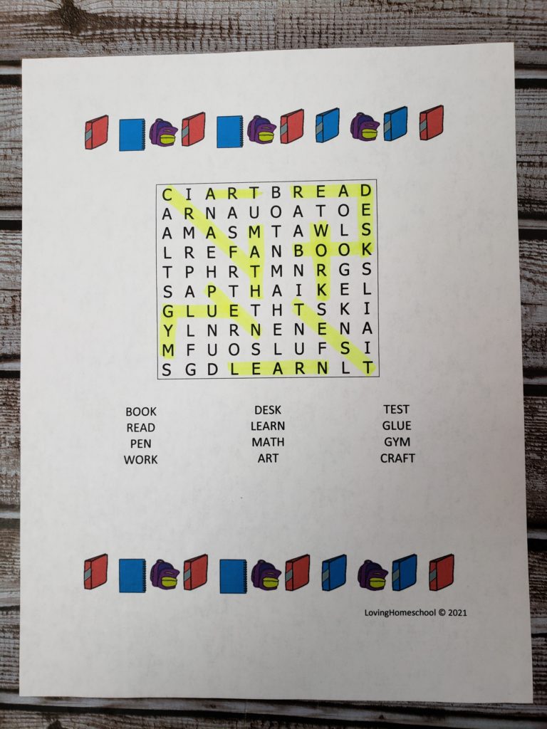 Back to School Word Search for younger kids with answers highlighted