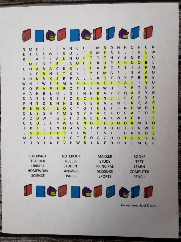 Back to School Word Search for older kids with answers highlighted