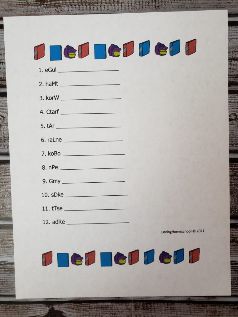 Back to School Word Scramble for younger kids