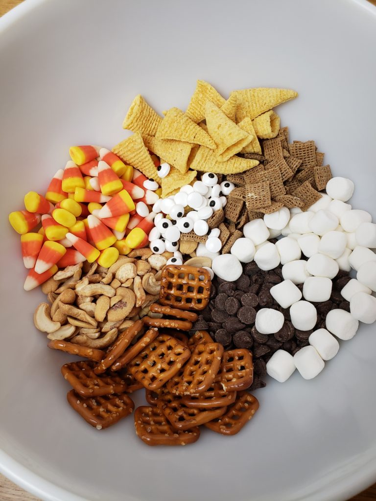 Halloween Scary and Gross Snack Mix in a bowl before being mixed up