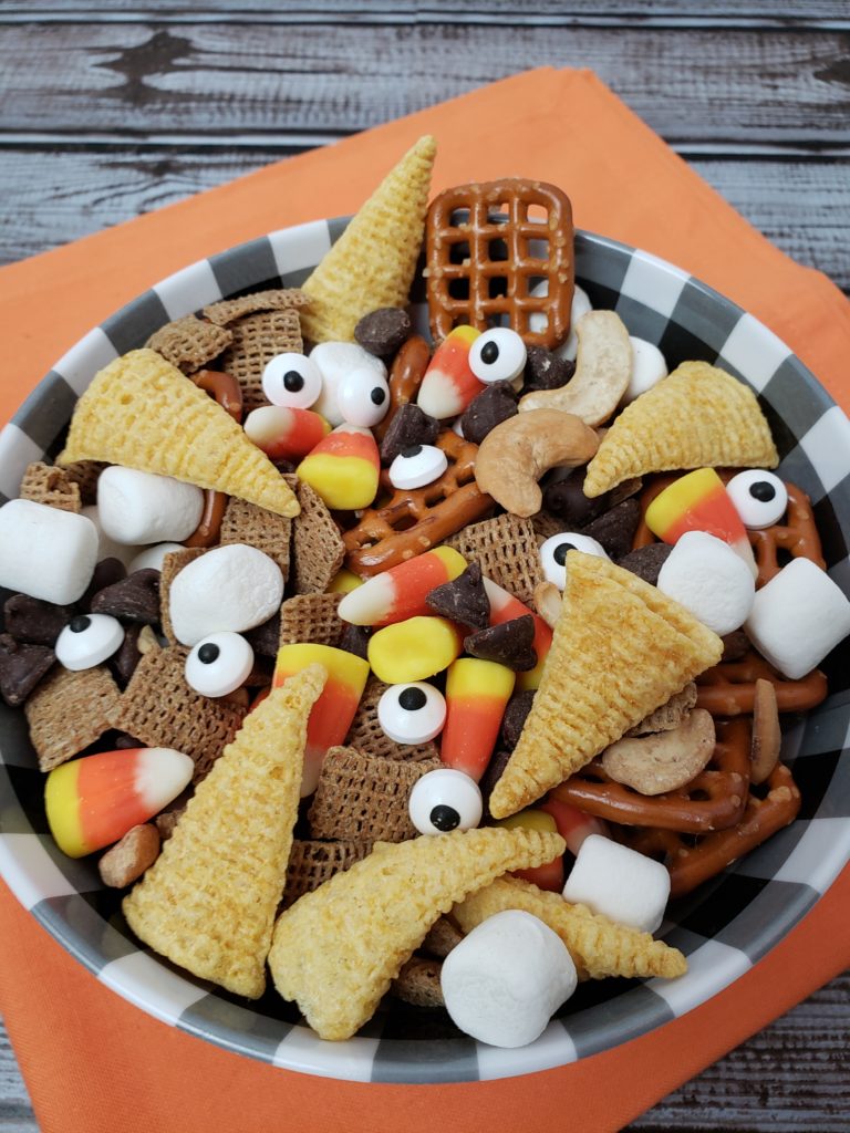 Halloween Scary and Gross Snack Mix in a serving bowl