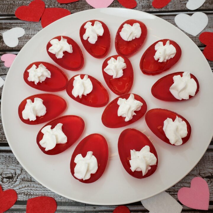 Valentine’s Day Deviled Jell-O Eggs on white plate