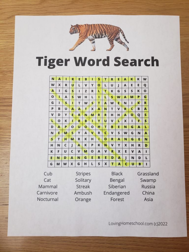 Tiger Word Search for older kids with answers