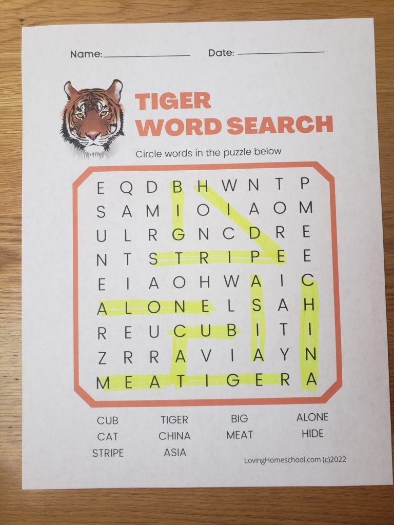 Tiger Word Search for younger kids with answers