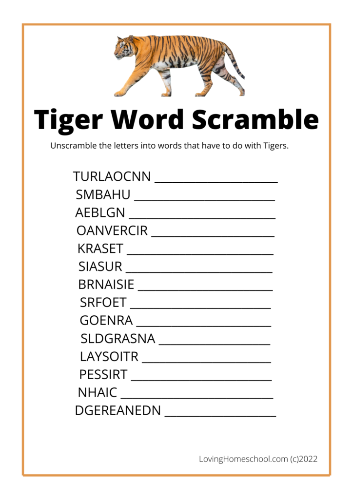 Tiger Word Scramble for older Kids