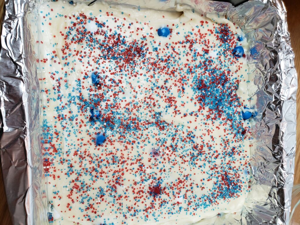 easy patriotic fudge ready to go into refrigerator