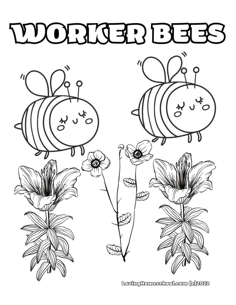 coloring page with bees, flowers and word worker bees