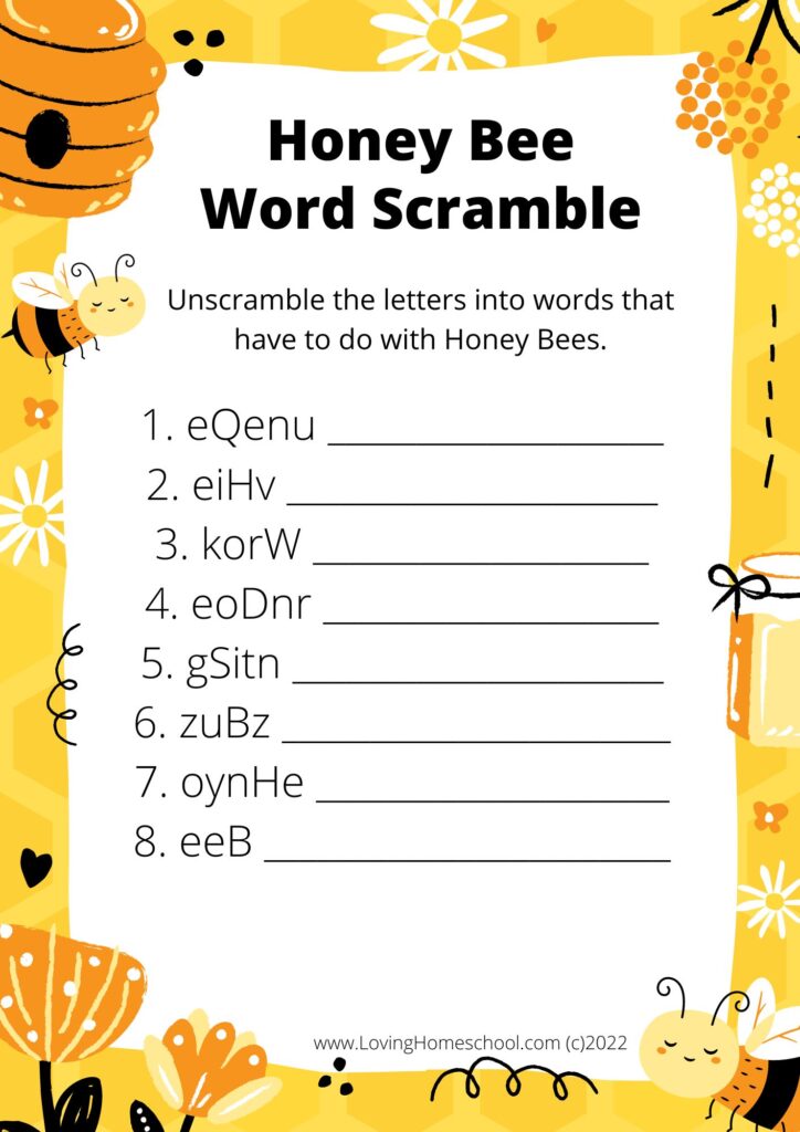 Honey Bee Word Scramble for younger kids