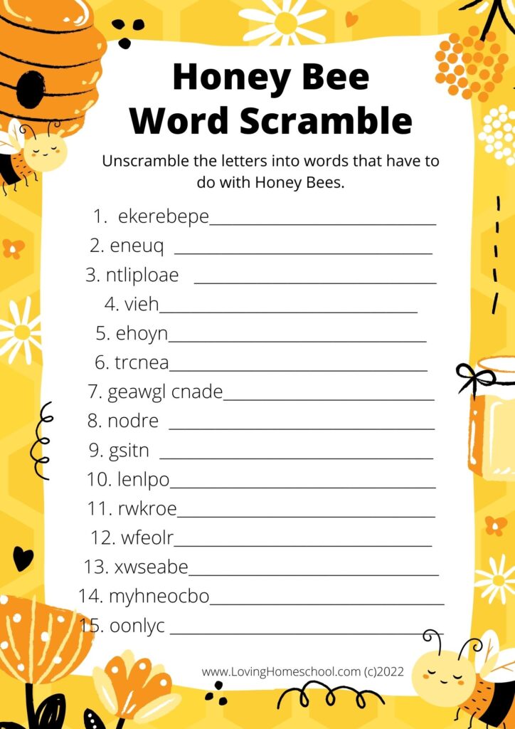 Honey Bee Word Scramble for older kids