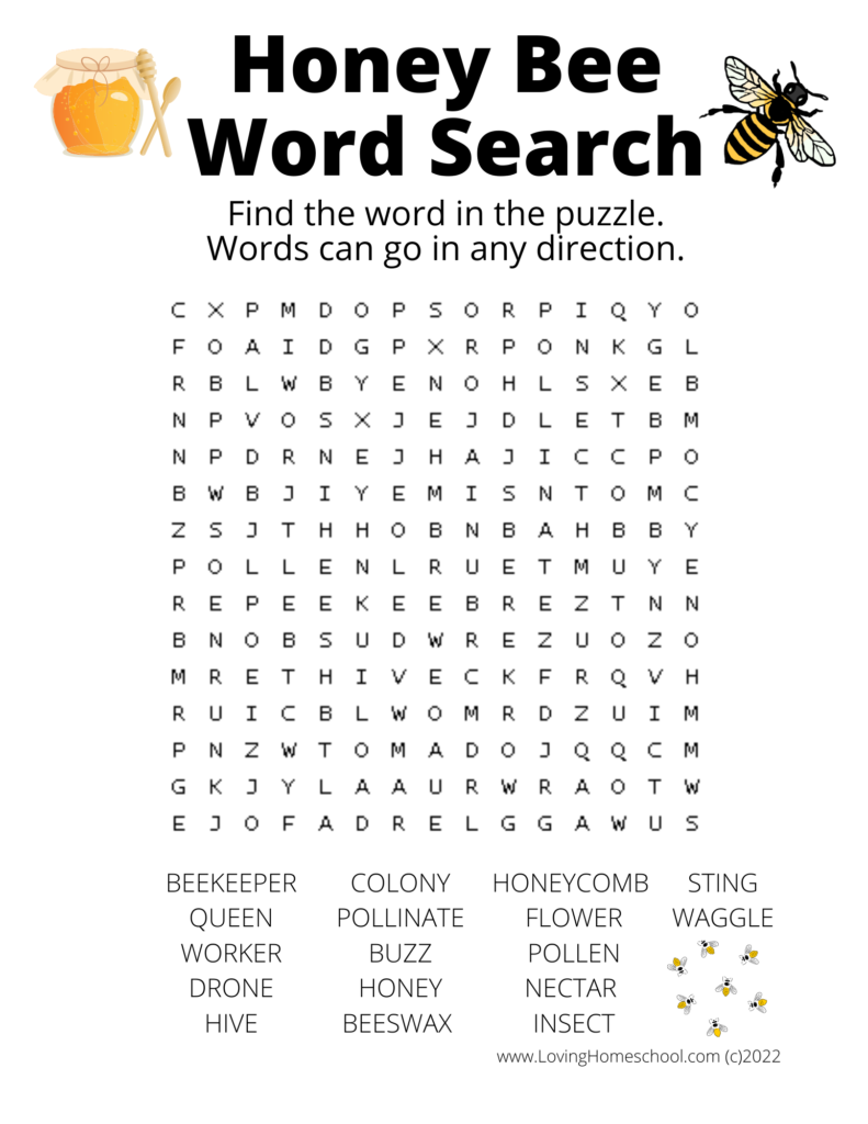 Honey Bee Word Search for older kids