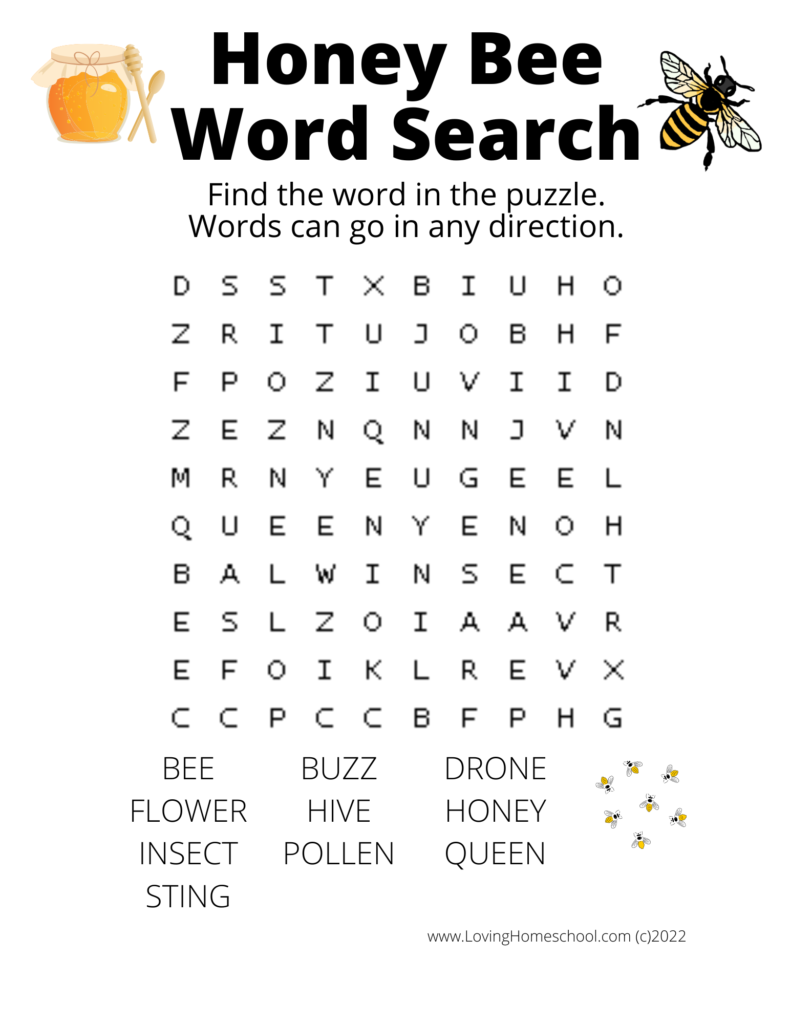 Honey Bee Word Search for younger kids