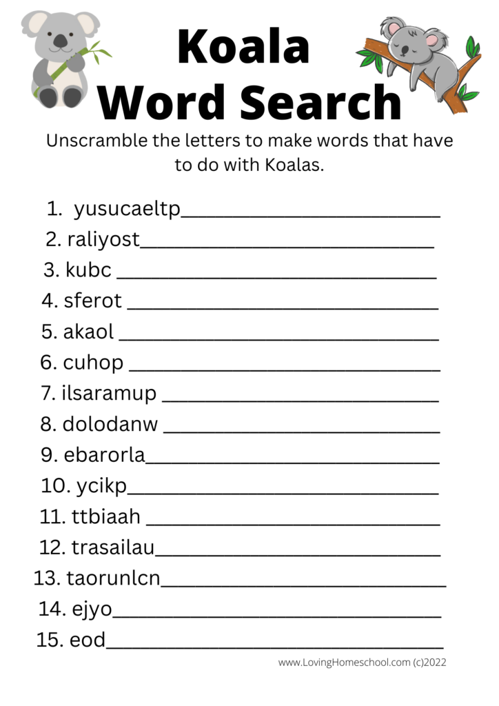 Koala Word Scramble for older kids