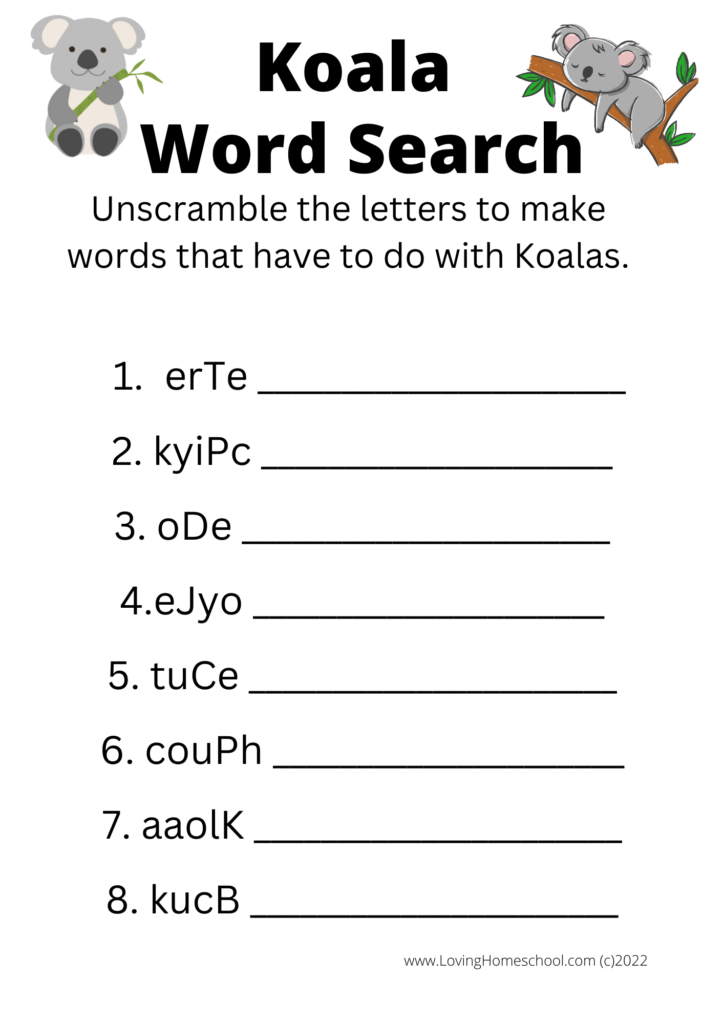 Koala Word Scramble for younger kids