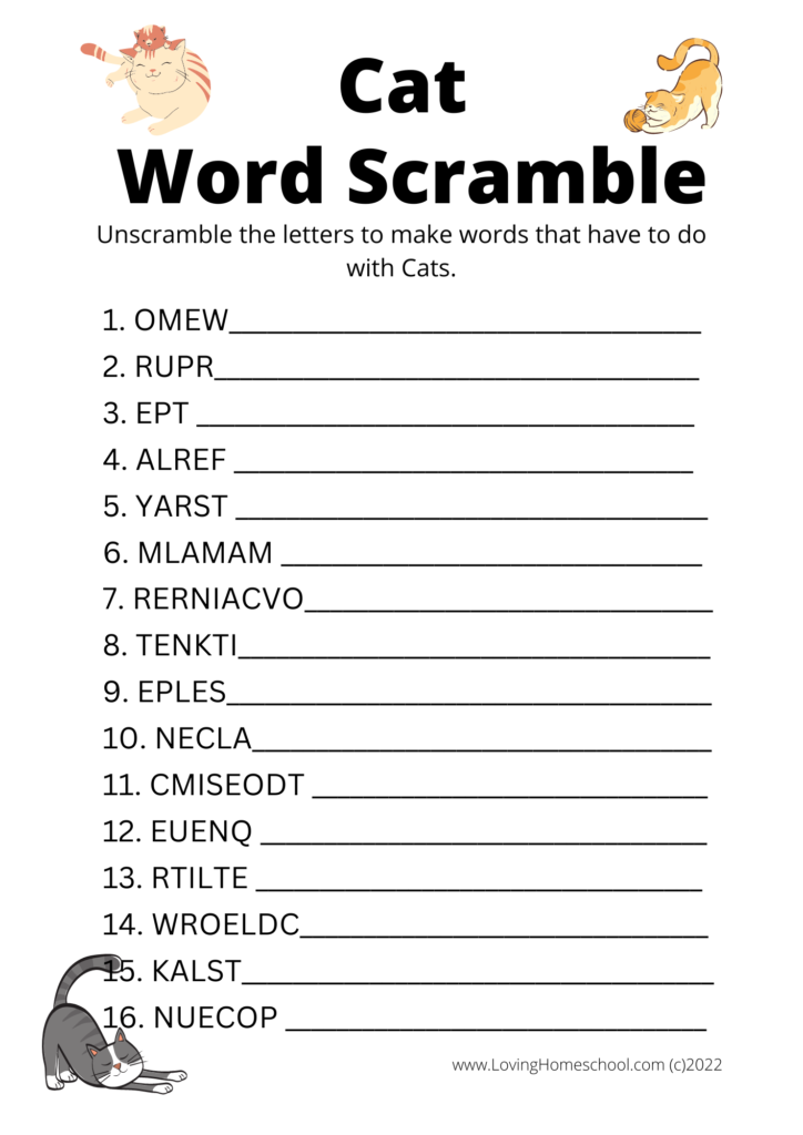 Cat Word Scramble for older kids