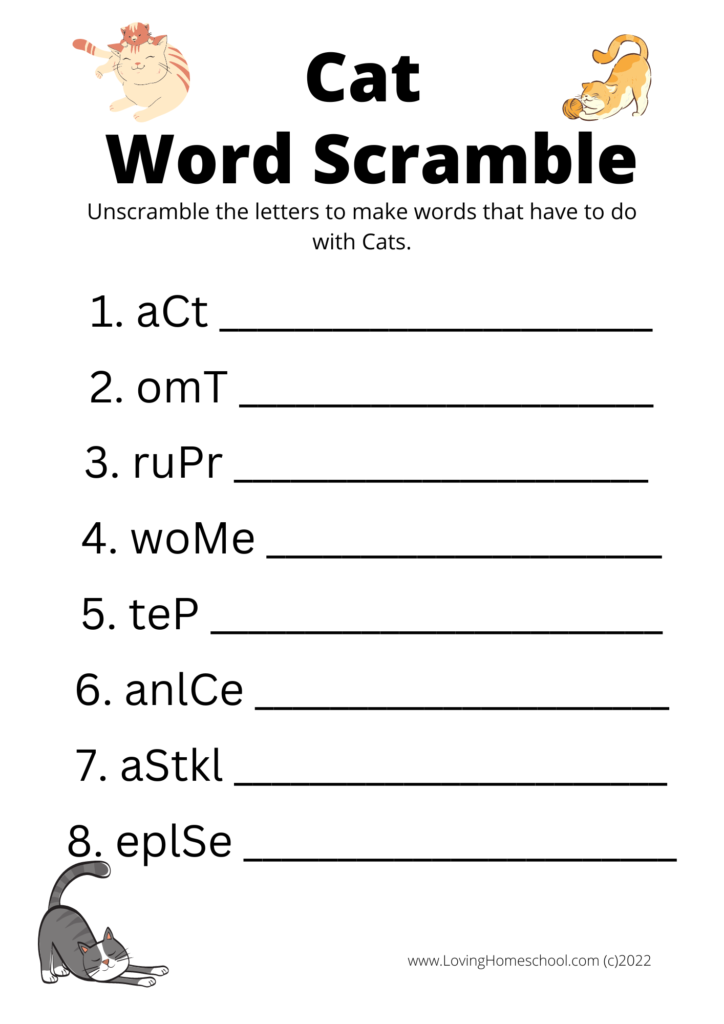 Cat Word Scramble for younger kids