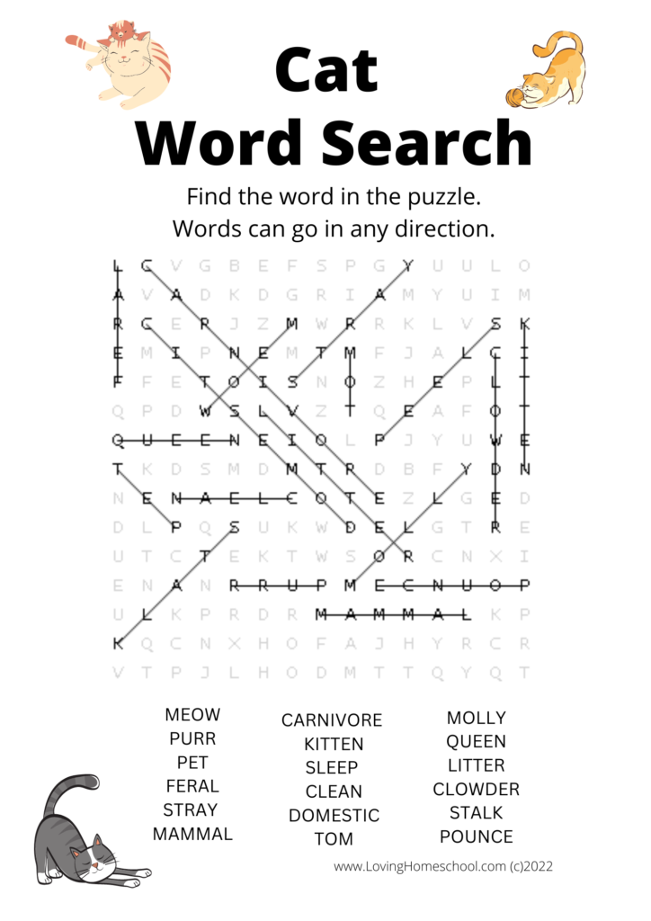 Cat Word Search for older kids answer