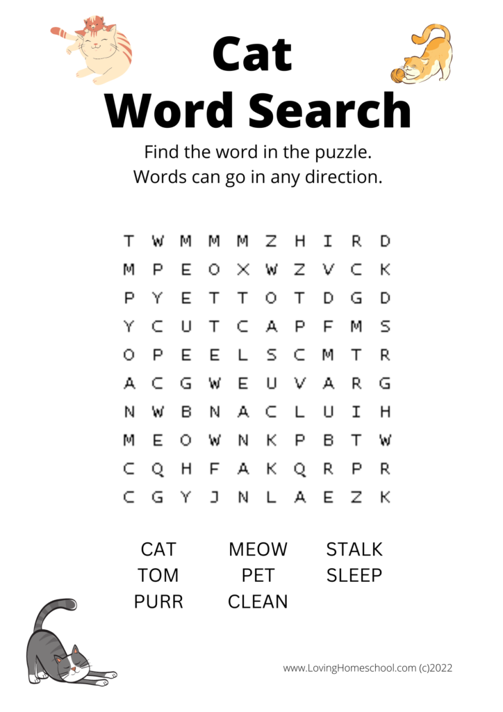 Cat Word Search for younger kids