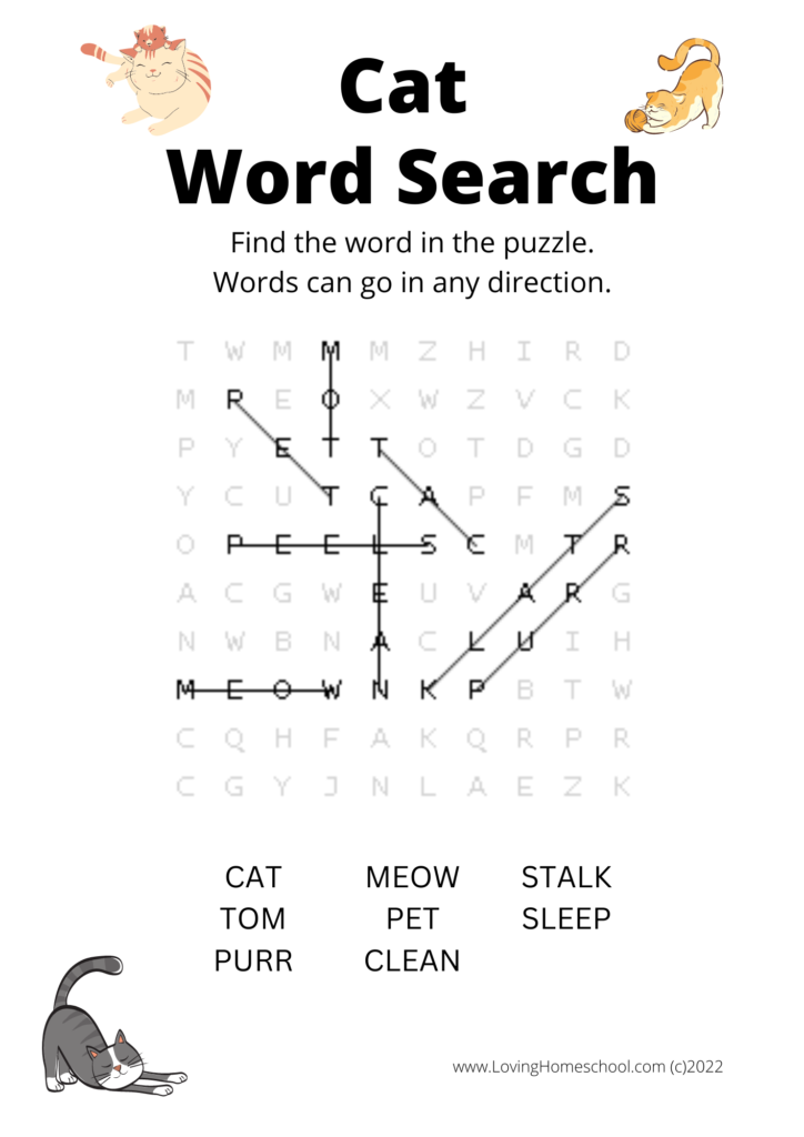 Cat Word Search for younger kids answer