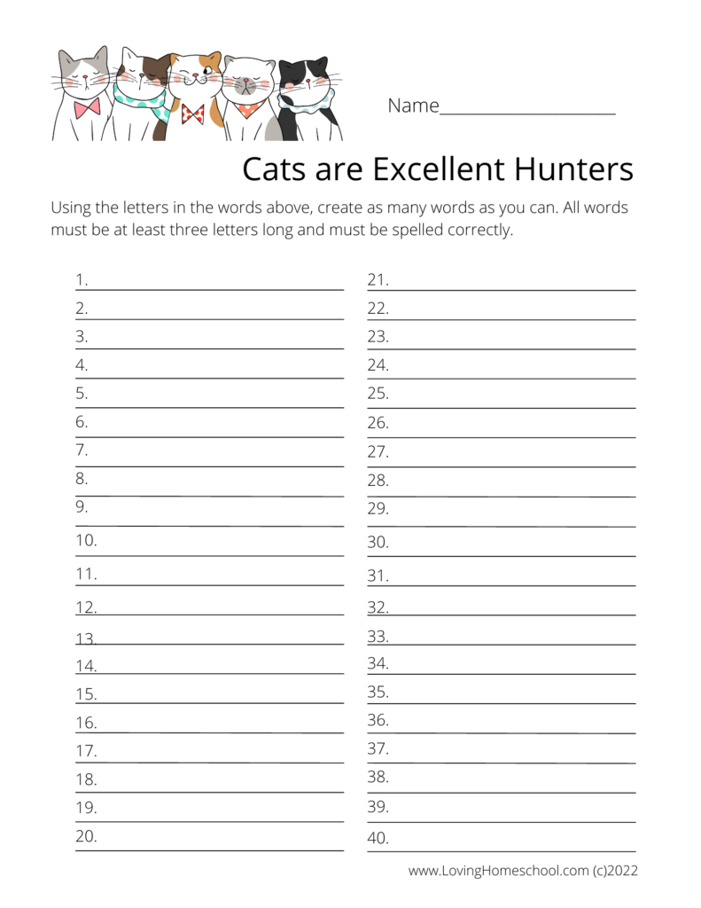 How many words worksheet saying cats are excellent hunters