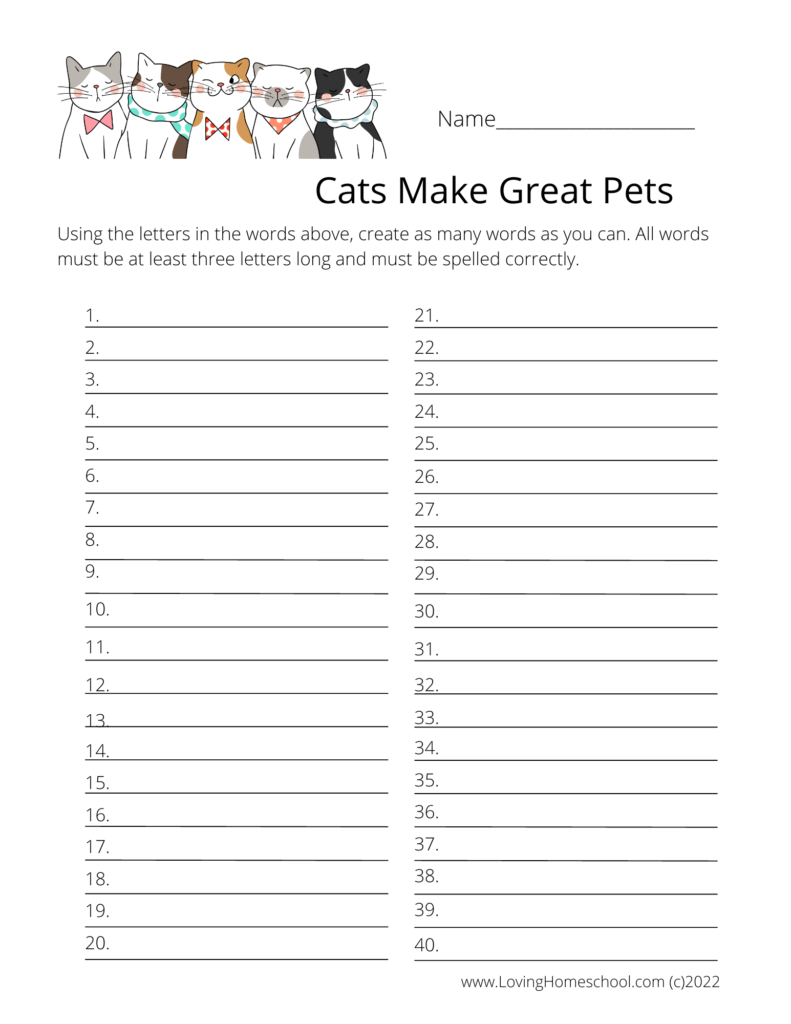 how many words worksheet saying cats make great pets