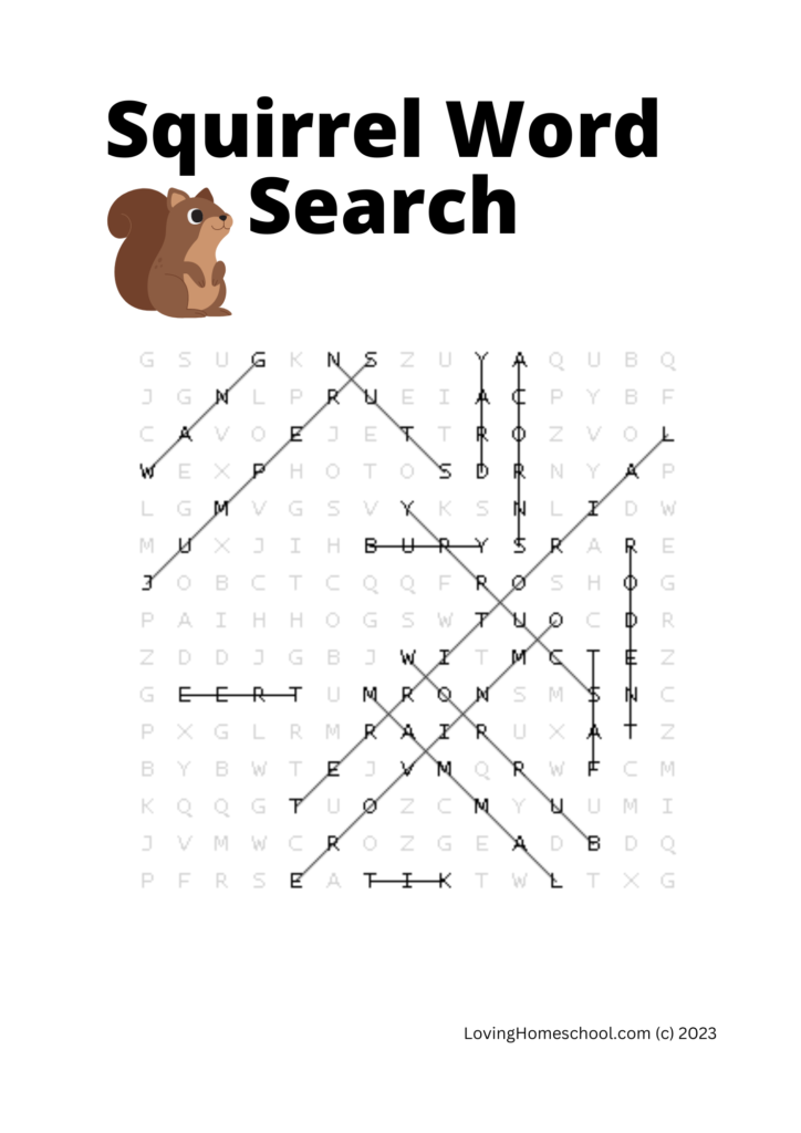 Answers for Squirrel Word Search for older kids