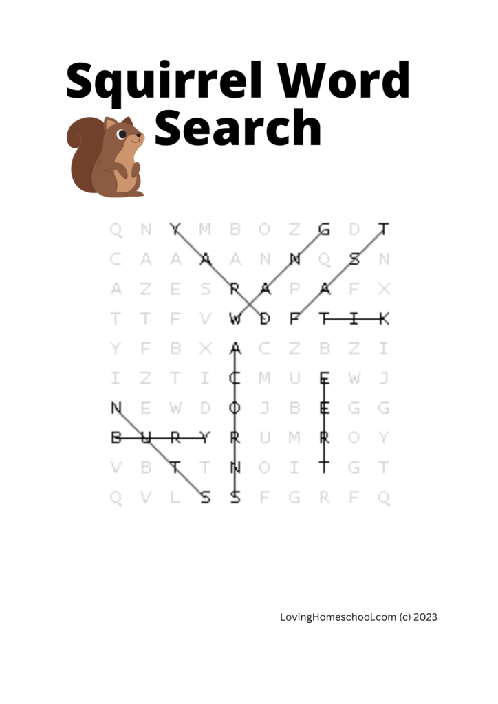 Answers for Squirrel Word Search for younger kids