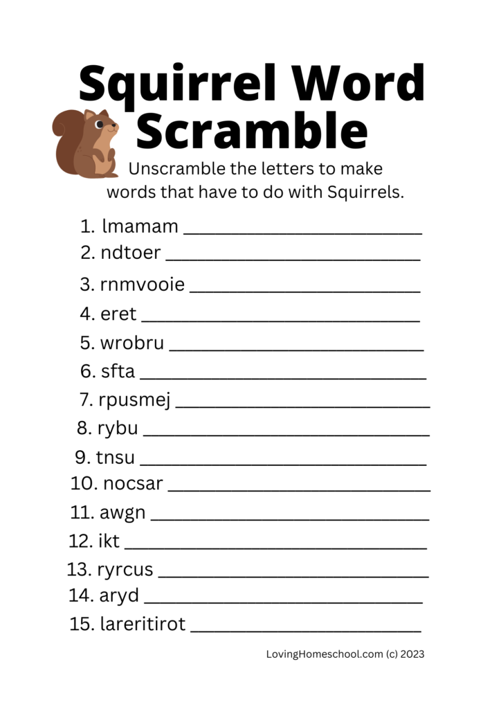 Squirrel Word Scramble for older kids