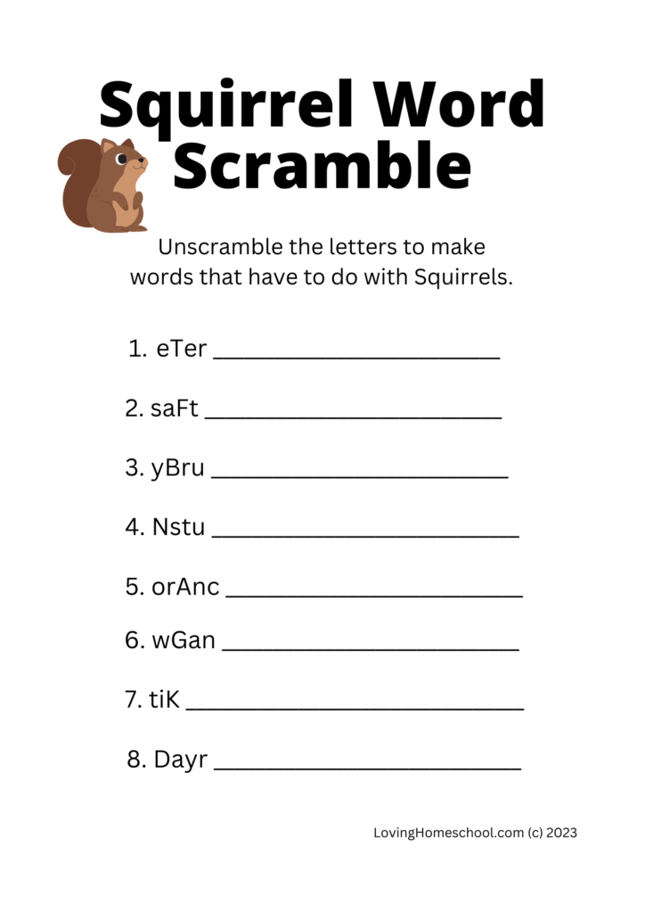 Squirrel Word Scramble for younger kids