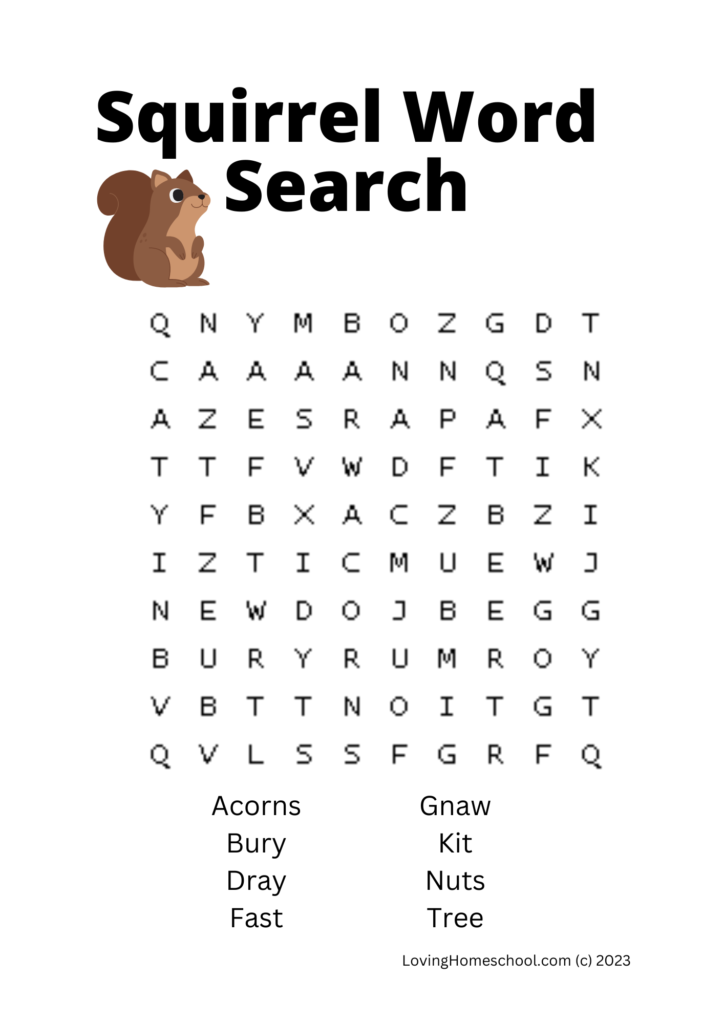 Squirrel Word Search for younger kids