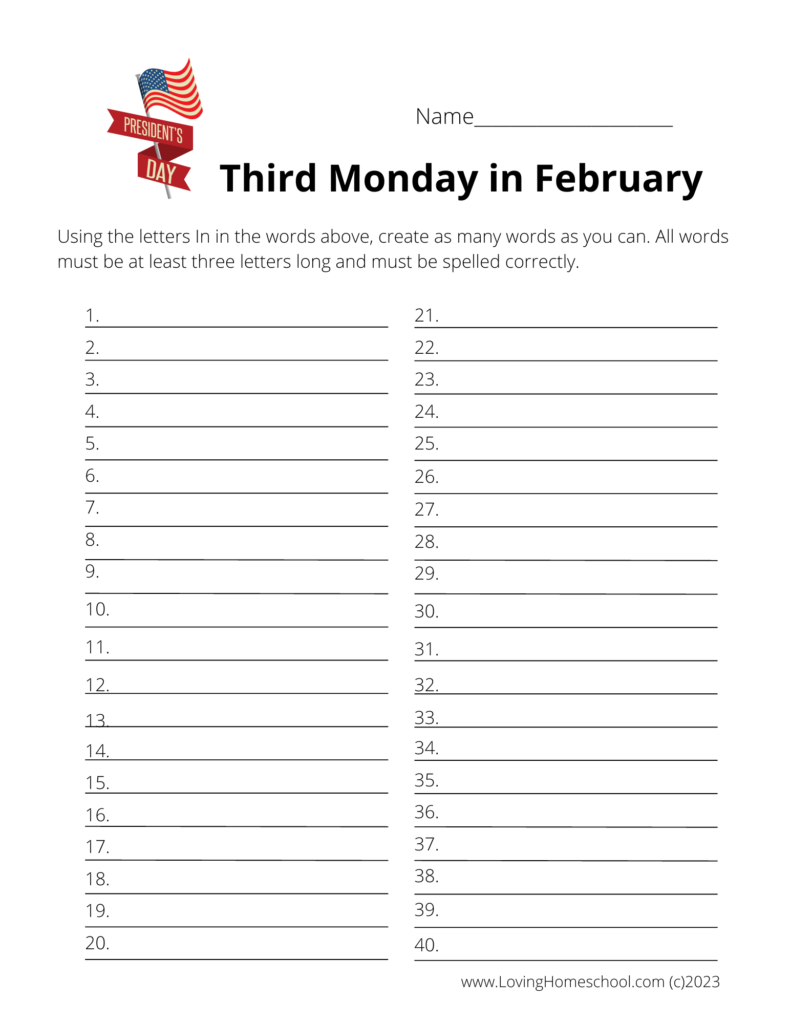 Third Monday in February How many words