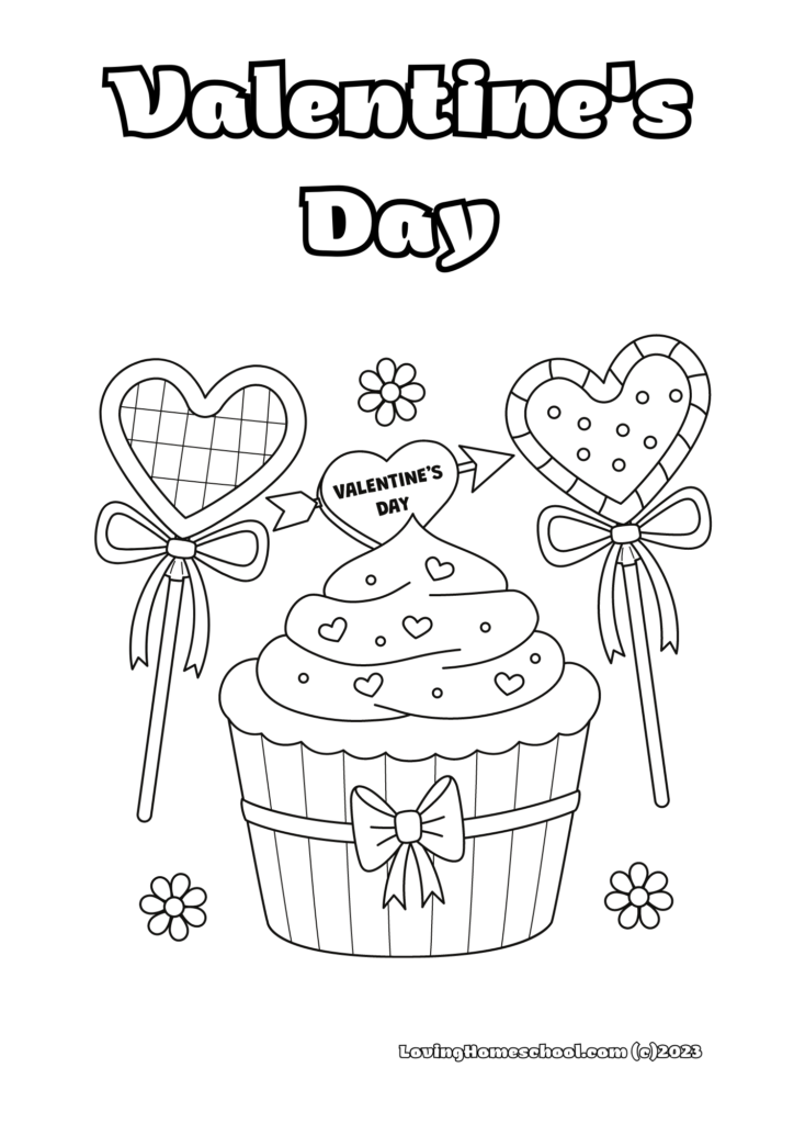 Valentine's Day Coloring Page of cupcake and 2 heart lollipops