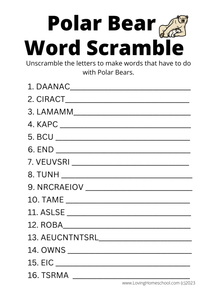 Polar Bear Word Scramble for older kids