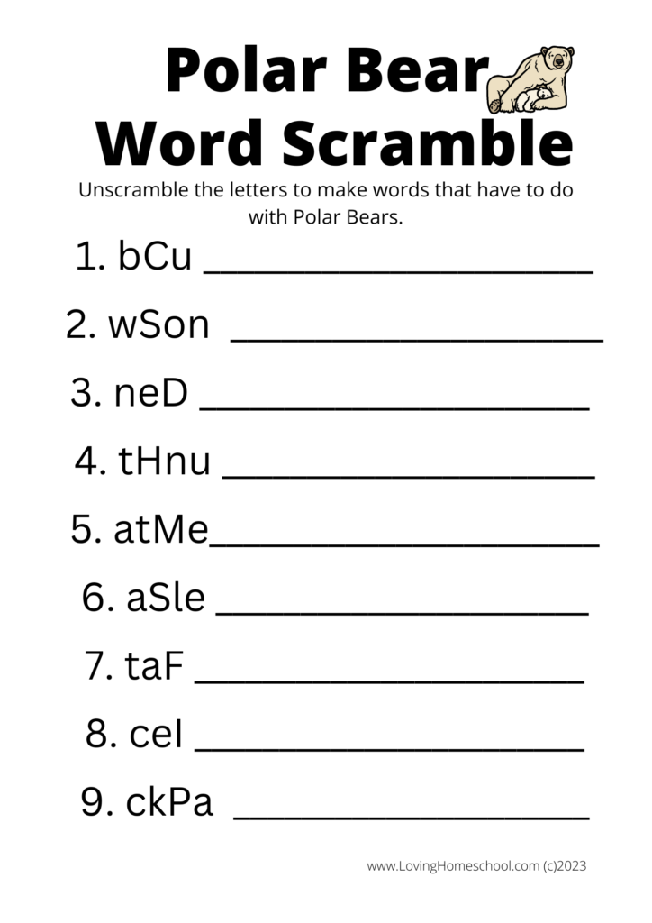 Polar Bear Word Scramble for younger kids