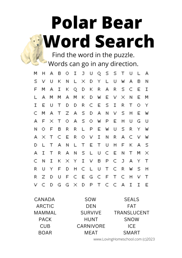 Polar Bear Word Search for older kids