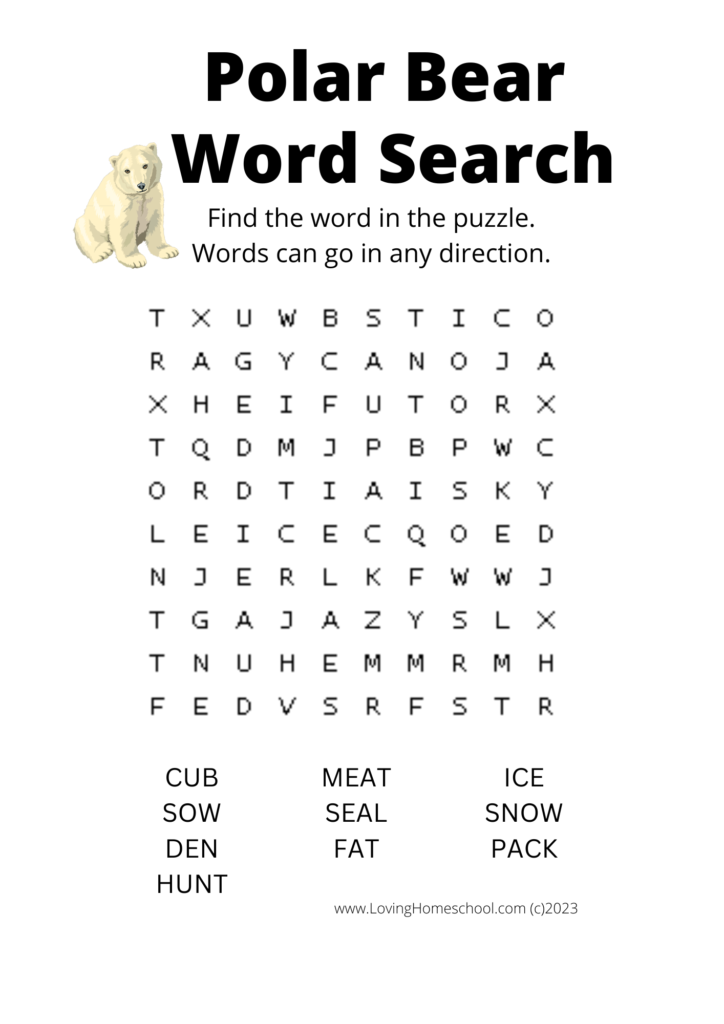 Polar Bear Word Search for younger kids