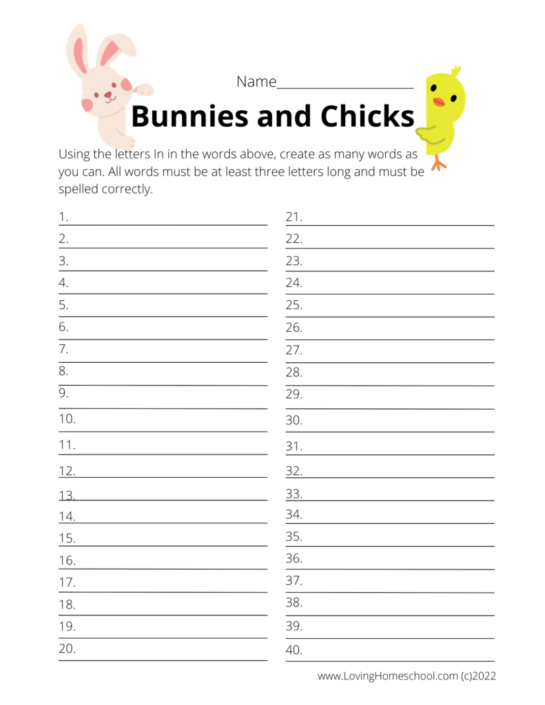 Bunnies and Chicks How many words