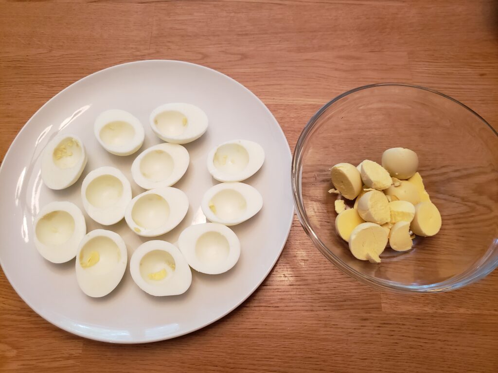 hard boiled eggs cut in half and yolks removed.