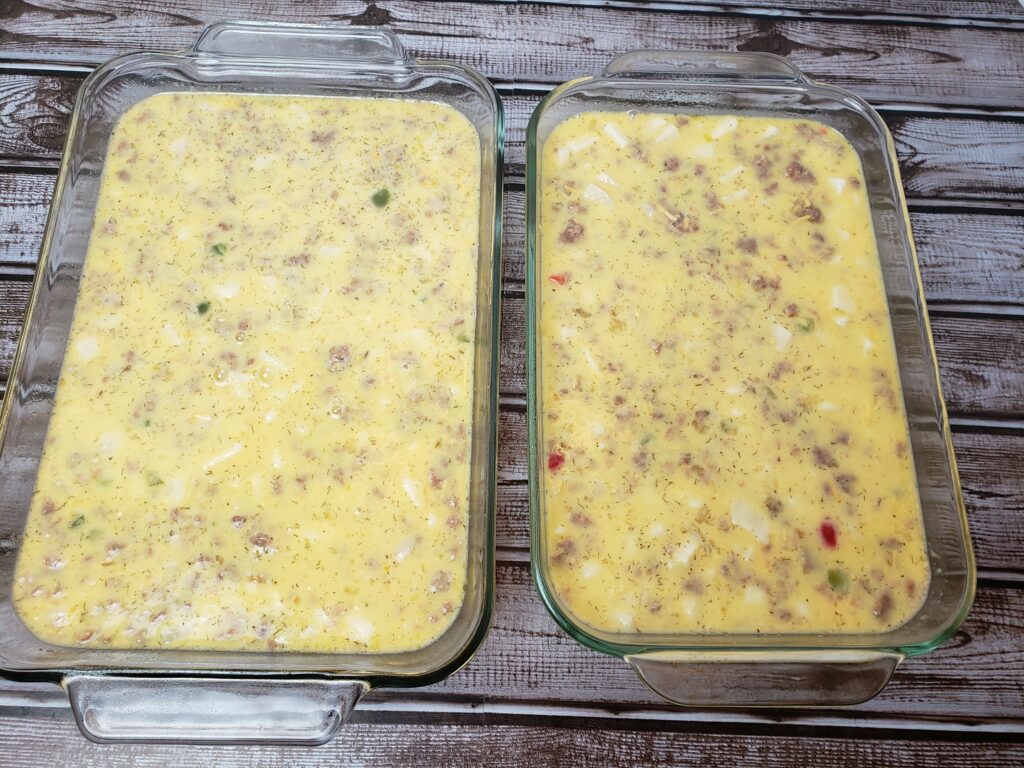 2 Egg Sausage Potato Casseroles ready for the oven.