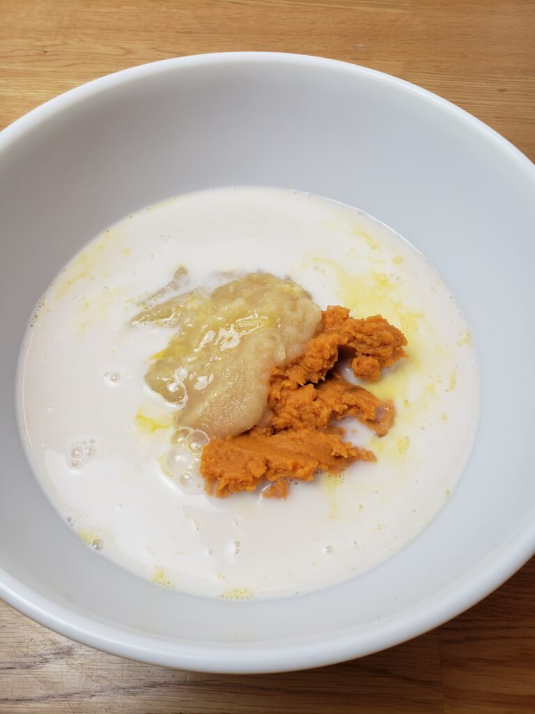 wet ingredients added to mixing bowl.