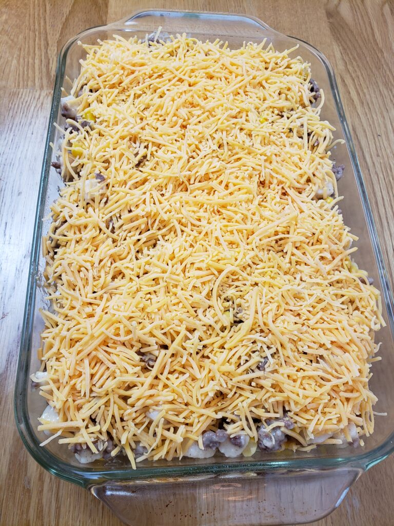 Easy Potato Beef and Corn Casserole ready for oven