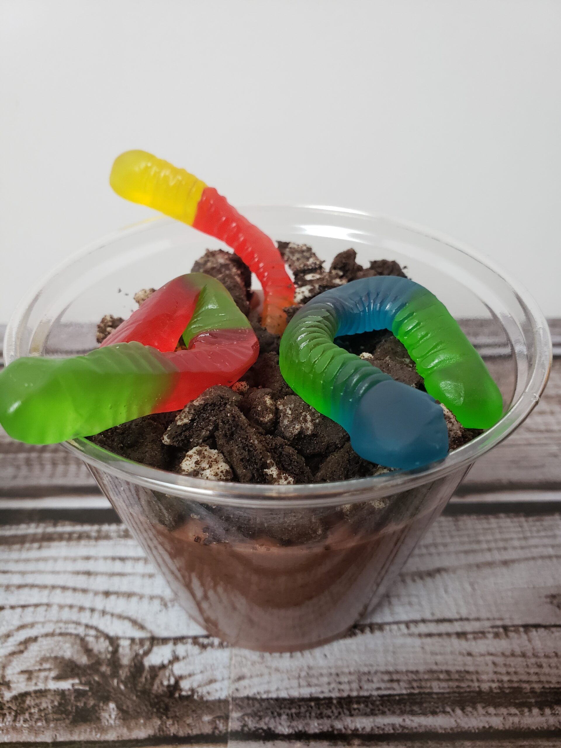 Dirt and Worms recipe in a plastic cup