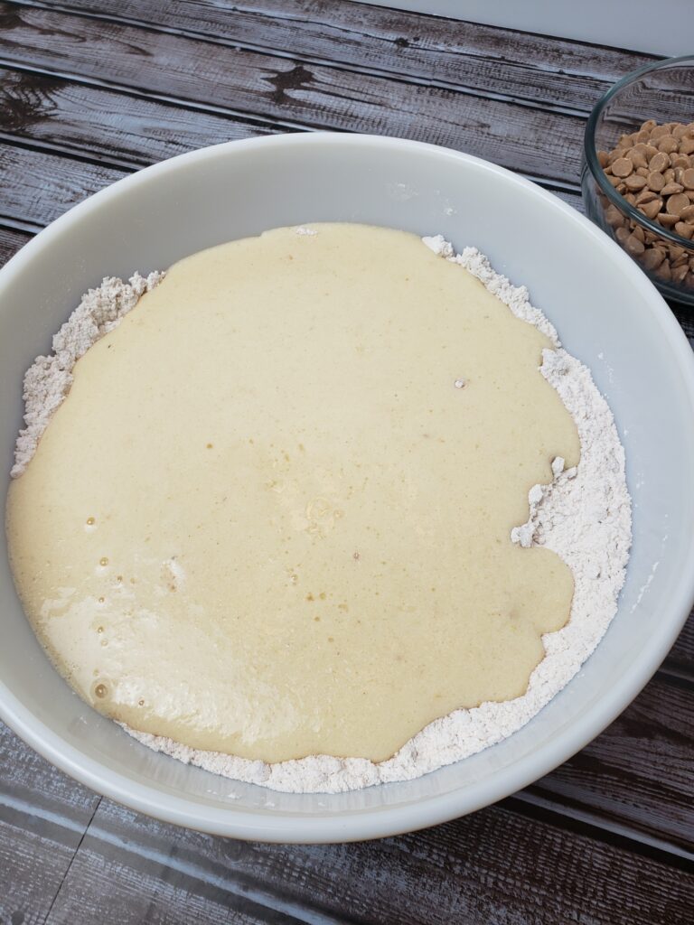 added wet ingredients to bowl of dry ingredients.