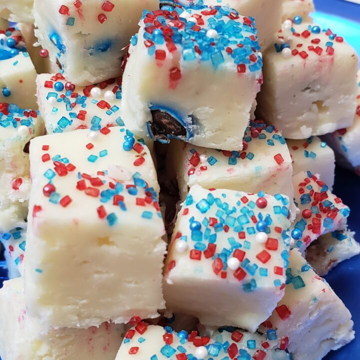 Easy Patriotic Fudge piled on plate.