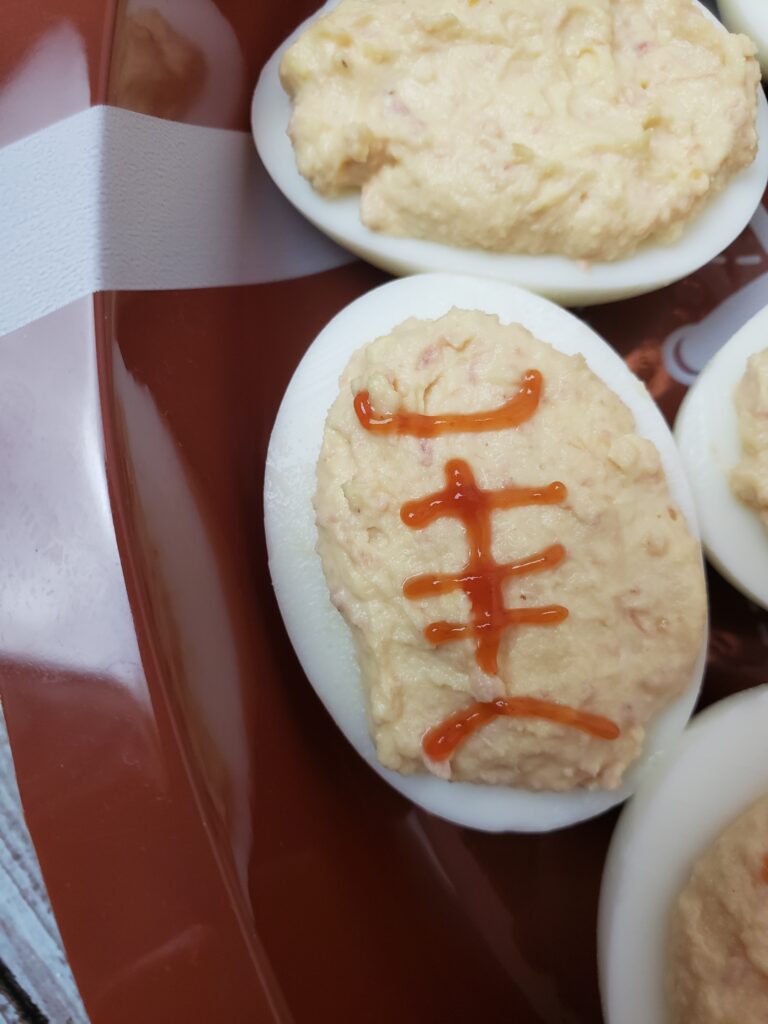 Game Day Football Deviled Egg all decorated