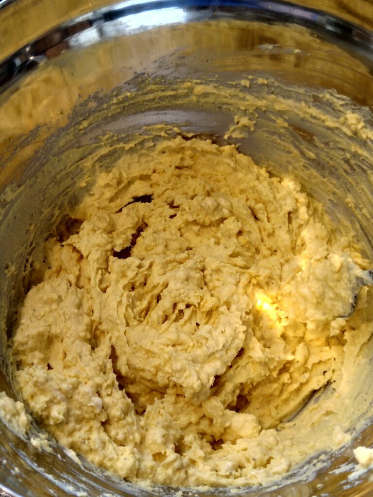 deviled egg filling in a mixing bowl.