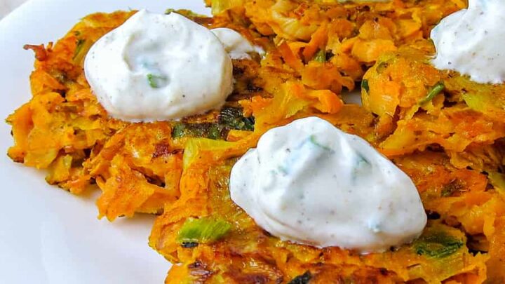 Image for Leek and Sweet Potato Latkes with Cumin-Garlic Yogurt Sauce