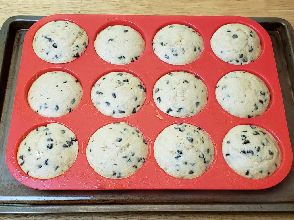 Freezer Chocolate Chip Muffins after baking in silicone pan.