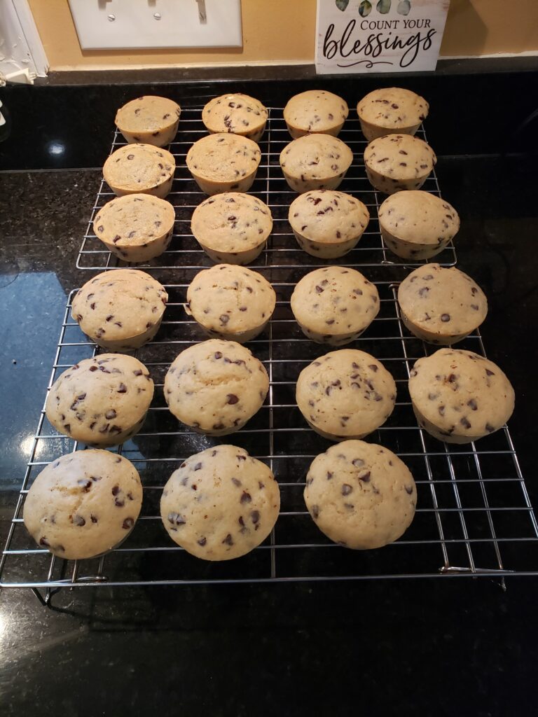 Freezer Chocolate Chip Muffins cooling on wire rack.