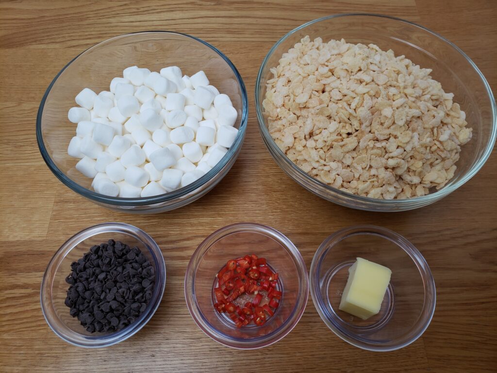 ingredients for  Chocolate Cayenne Rice Krispy Treats